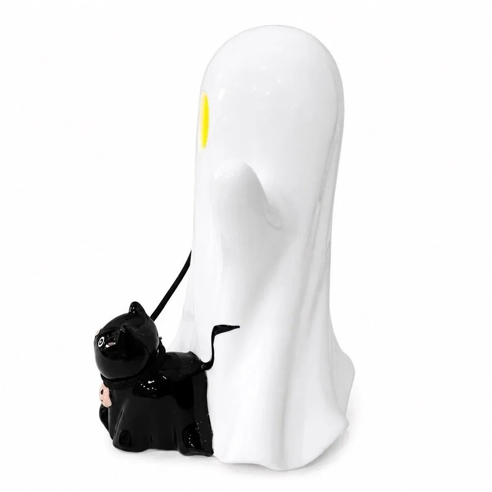 Spooky Hollow LED Ceramic Ghost Walking Black Cat On Leash Halloween Decor 9